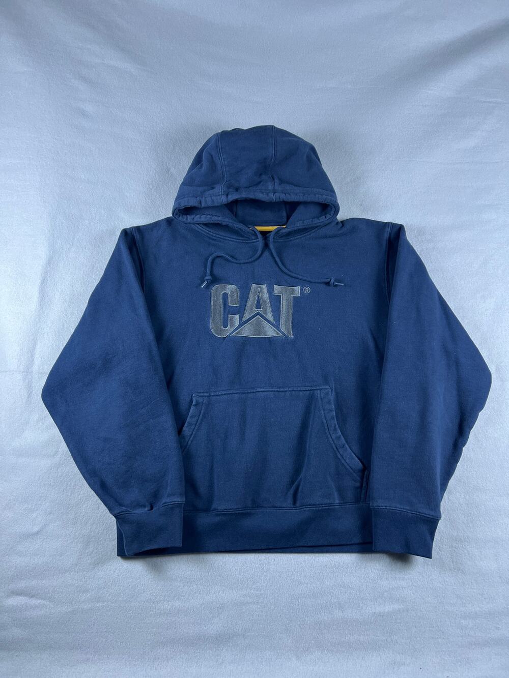 Caterpillar Spellout Hoodie Mens L Blue Logo Embroidered Graphics Sweatshirt